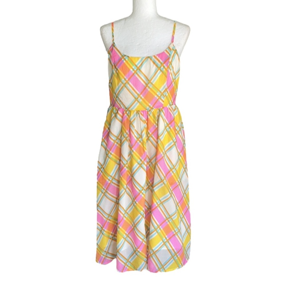 JB by Julie Brown Bright Multicolored Plaid Print Pleated Midi Dress - 8